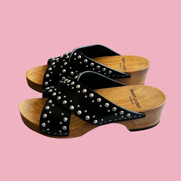 🖤 SAINT LAURENT Leather Slides w/Studded Accents, Sz 37 - Lightly Worn!